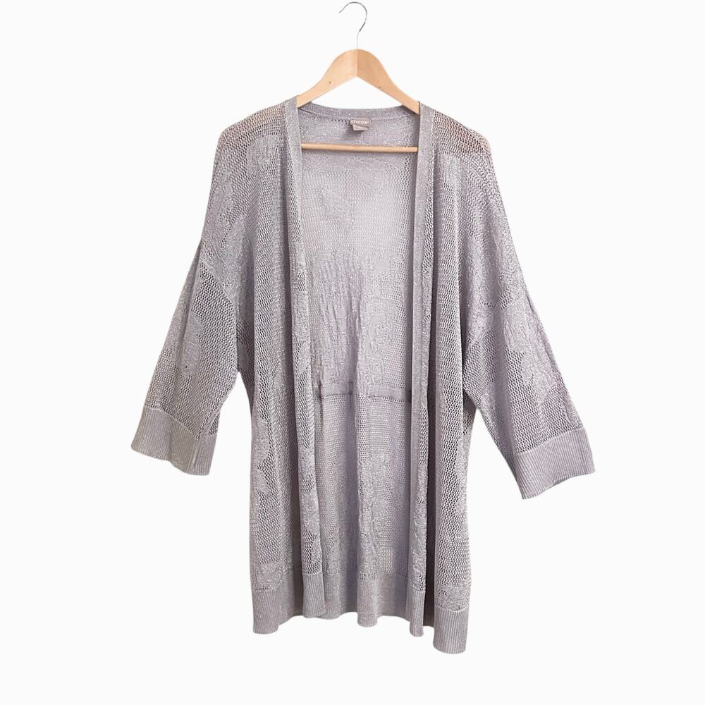 Chico’s Lurex Shimmer Open Knit Cardigan Topper Size 3P (XL Petite) Silver Gray